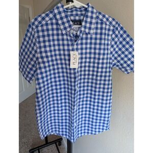 The Childrens Place Boys Blue Gingham Short Sleeve Button Down Shirt Size 7/8 M